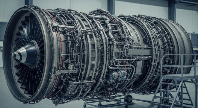 Detailed view of a modern jet engine showcasing intricate engineering.