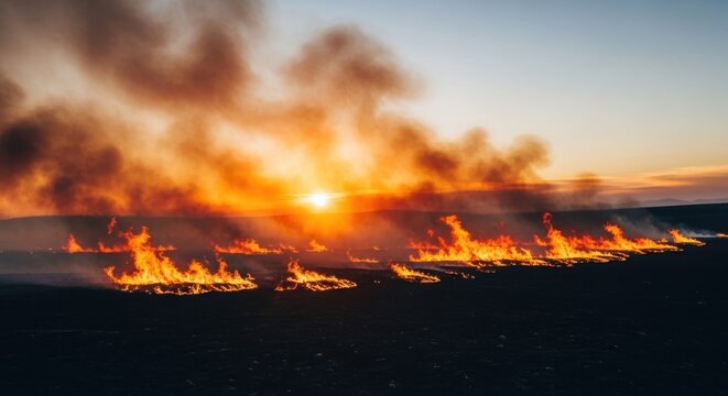 Devastating Wildfire Engulfs Landscape at Sunset Creating a Fiery Inferno.