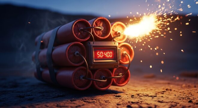 Dynamite Time Bomb with Countdown Timer and Burning Fuse.