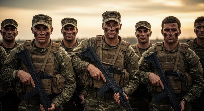 Determined soldiers stand ready with rifles faces painted for combat.