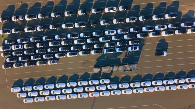 Aerial video of rows of new vehicles parked at terminal, Port in UK, showing long morning shadows and precise organization in automotive logistics.