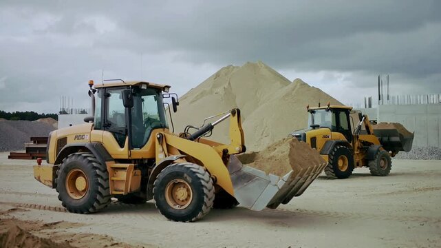 Construction site with two yellow loaders moving sand and gravel under cloudy sky for building and earthmoving work outdoors.