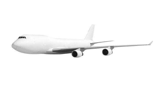 Corner view side perspective of white airplane Boeing 747 jumbo jet four engines passenger jet with double deck fuselage isolated on a transparent background for international flight concept visuals