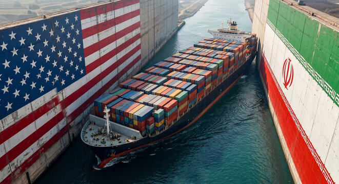 Container ship in a canal lock between American and Iranian flags