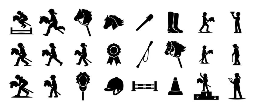 Hobby Horsing Silhouette Set, Equestrian Sport Icons, Jumping Riding Competition Scenes and Equipment Collection