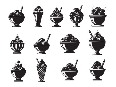 A set of black silhouettes of ice cream sundaes with various toppings