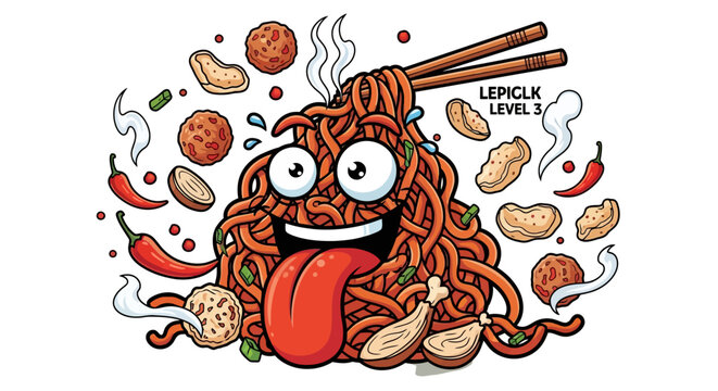 A vibrant cartoon illustration of a spicy noodle monster character with a long tongue, surrounded by meatballs, peanuts, and chili peppers.