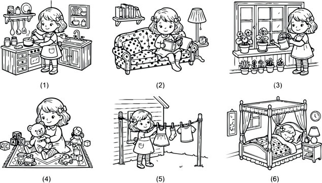 Colorbook style detailed vector art showing young girl cooking in kitchen reading book on sofa watering plants hanging clothes outside and sleeping in bed with canopy indoors