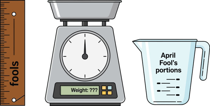 A kitchen scale, a measuring cup labeled for joke portions, and a ruler marked with the word fools illustrate concepts of inaccurate measurement.