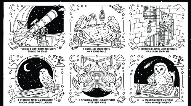 Colorbook style detailed vector art showing owls exploring astronomy with giant telescope star charts glowing moon crystals spiral staircase solar system model and comet logbook