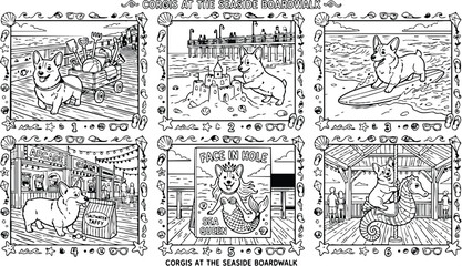 Fototapeta premium Colorbook style detailed seaside boardwalk scenes with corgis building sandcastles surfing and riding carousel seahorse in playful black and white line art