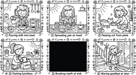 Fototapeta premium Colorbook style six panel children daily morning routine activities pouring milk spreading jam feeding cat packing lunch brushing teeth waving goodbye
