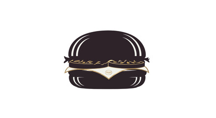 Fototapeta premium Stylized minimalist black burger with golden accents and seeds on a plain white background.