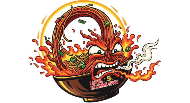 Cartoon illustration of an angry, fiery bowl of extreme spicy ramen noodles with flames and steam, depicting a food challenge.