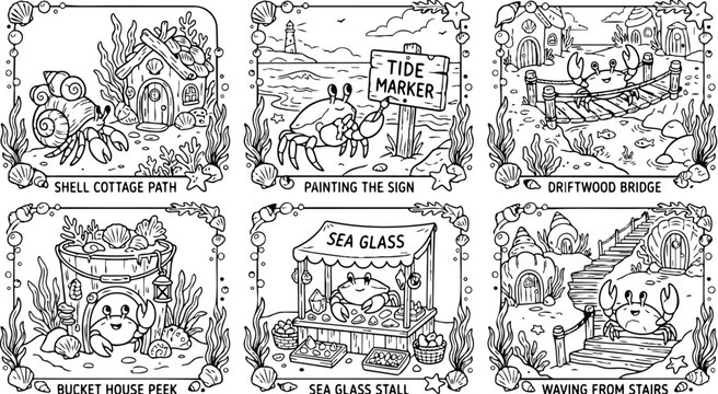 Colorbook style crab painting tide marker sign waving from stairs near driftwood bridge and sea glass stall shell cottage path bucket house peek illustration