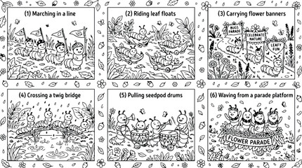 Fototapeta premium Colorbook style vector art of caterpillars marching crossing bridge riding leaf floats carrying flower banners pulling seedpod drums waving from parade platform detailed childrens line drawing