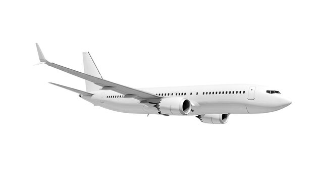 Boeing 737 Max white airplane passenger jet side view angled perspective flight commercial airline transport isolated on a transparent background for travel agency promotions and airline advertising