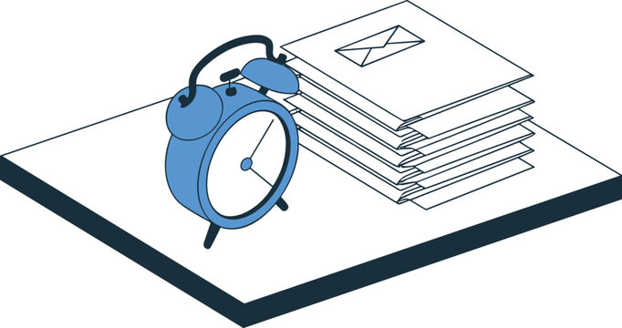Email reminder concept with alarm clock and message stack isometric vector illustration notification workflow business productivity time management design
