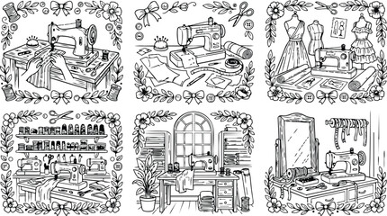 Obraz premium Colorbook style detailed sewing machine and fabric workspace with floral frame vintage dressmaker tools scissors threads embroidered textile