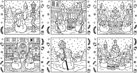 Obraz premium Colorbook style winter scene with cheerful snowman interacting near lamppost hot cocoa stand decorated christmas tree and snowy village backdrop festive holiday detailed line art