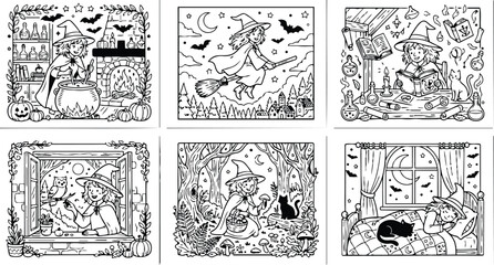 Fototapeta premium Colorbook style magical witch brewing potion flying broomstick reading spell book with cat nighttime forest collecting mushrooms sleeping with cat in cozy bed surrounded by halloween elements