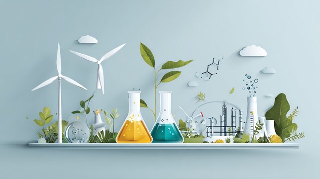 A creative representation of environmental science, featuring laboratory glassware, wind turbines, and greenery, symbolizing innovation and sustainability in the modern world.