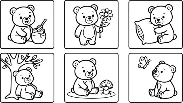 Cute teddy bear with honey pot flower pillow tree mushroom and butterfly line art vector