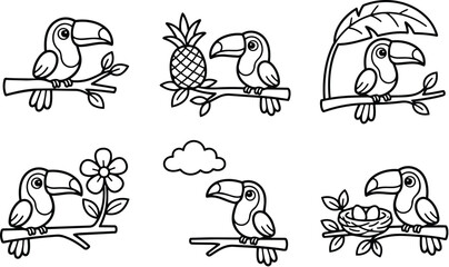 Obraz premium Black and white line art toucan birds perched on branches with pineapple flower leaf nest and cloud