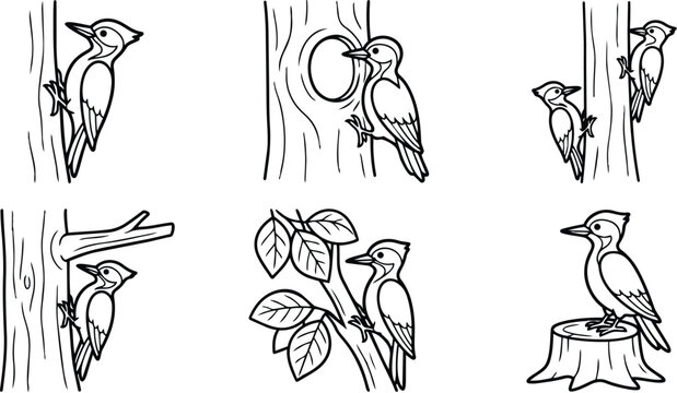 Woodpecker birds on trees and tree stump