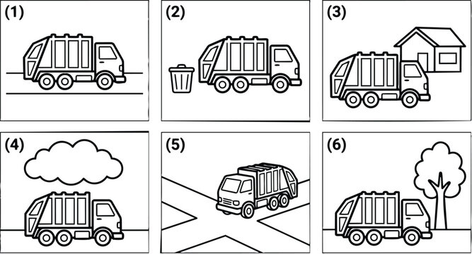 Black and white line art garbage truck with trash can house tree and road elements