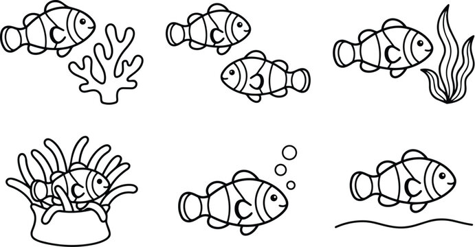 Black and white line art clownfish with coral and seaweed ocean creatures vector