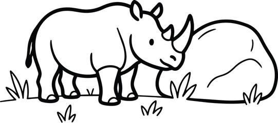 Fototapeta premium Black and white line art rhinoceros next to rock with grass