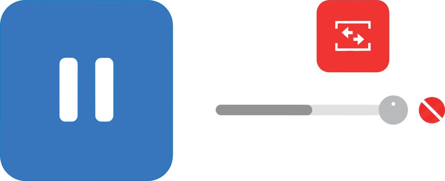 A large blue pause button is shown next to a progress bar, a muted speaker icon, and a red icon indicating screen expansion.
