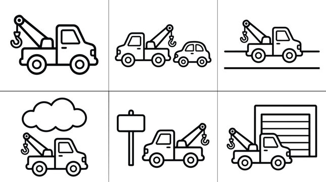 Black and white line art tow truck with hook and car flat design set