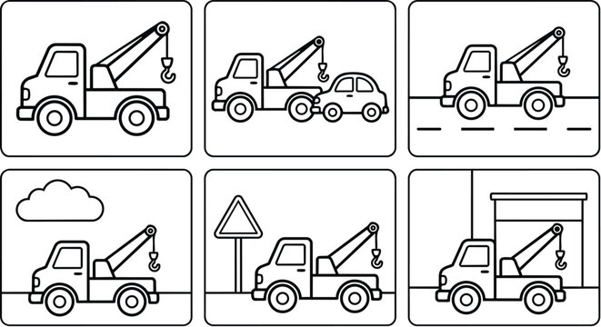 Black and white line art tow truck with hook in various scenes and settings