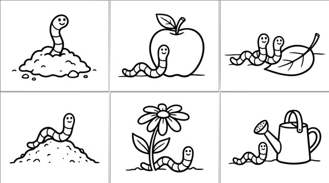 Black and white line art smiling earthworms with soil apple leaf flower and watering can