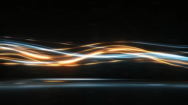 Glowing light trails streak across dark background in abstract motion.