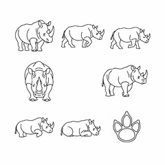 Fototapeta premium Set of black and white rhinoceros line art illustrations featuring various poses such as walking, standing, lying down, and a front view along with a rhino footprint icon on a white background.