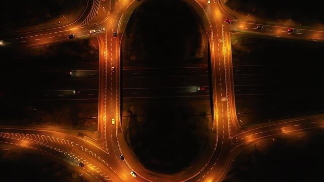 Night aerial footage of busy highway junction with glowing vehicle lights on Ireland N4.