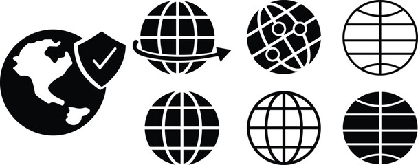 World globe icon set with global network, internet connection, earth security shield and worldwide communication symbols, global business and technology icons in solid and outline style vector © Muhammad