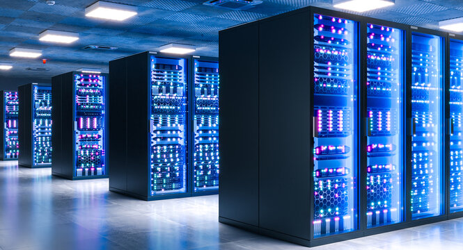 Data center server racks glowing 3d