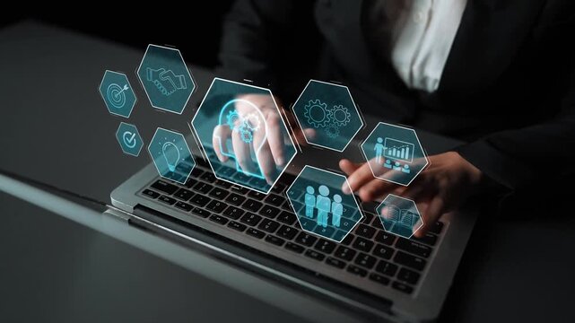 Head with gear and icons representing learning, digital training, and development process, showing skill growth for human or AI systems through knowledge or task optimization Marrow