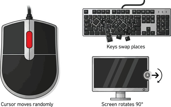 A collection of computer hardware peripherals demonstrates common technical malfunctions like random cursor movement and screen rotation.
