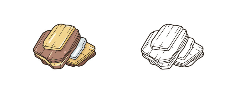 Mica mineral layers vector illustrations shown in colored cartoon and black outline linear styles, brown, beige and silver tones, representing flaky rock on white background