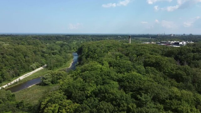 Aerial shot of the credit river and Culham Trail as it passes through Erindale Park in Mississauga, Ontario, Canada.