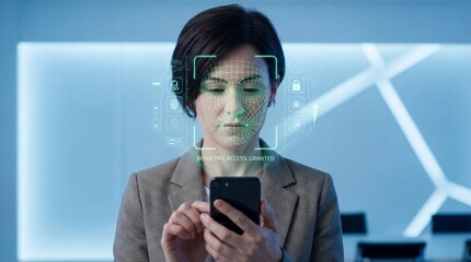 Fototapeta premium Facial recognition technology in use corporate office digital interaction modern workspace close-up view security and authentication concept