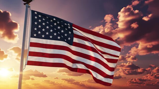 American flag waving in sunset sky