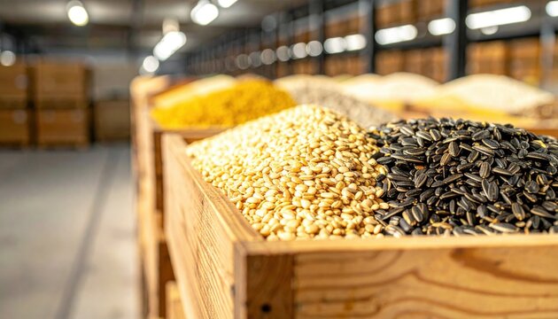An abundant and diverse stockpile of non-perishable food seeds, including golden lentils and dark sunflower seeds, neatly arranged in wooden bins within a vibrant bulk store display.