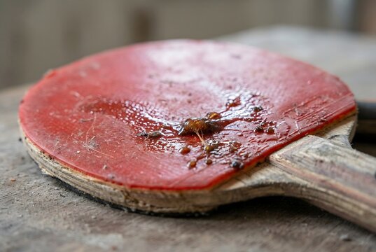 Macro close-up of a severely hydrolyzed and sticky red rubber surface on a table tennis paddle