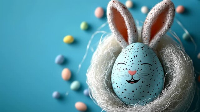 Creative bunny egg decoration for Easter. A blue egg with a bunny face sits in a nest surrounded by colorful candy eggs. It is during Easter celebration time.